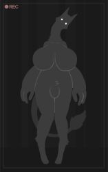 aplovestudio bulge creature dark_fur furry implied_futa intersex looking_at_viewer nude original_character recording tail tall_female unknown_species