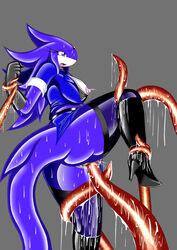 anthro aozora boots breasts cum female fur hair high_heels kemono lactation long_hair nipples penetration purple_fur sex solo tentacle unknown_species vaginal_penetration