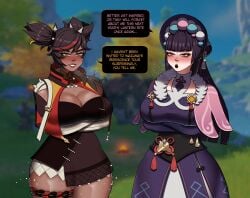 2girls alternate_body_type alternate_breast_size cleavage clothing dialogue female female_only genshin_impact hime_cut human imminent_sex itzaysel large_breasts standing text xinyan_(genshin_impact) yun_jin_(genshin_impact)