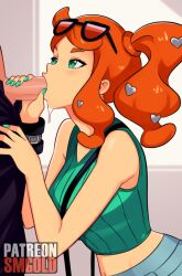 1boy 1girls blowjob clothed_female game_freak nintendo pokemon pokemon_ss red_hair smgold sonia_(pokemon)