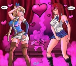 2girls blonde_hair closed_eyes couple erza_scarlet fairy_tail imminent_yuri love_potion lucy_heartfilia nude nude_female page_1 potion potion_bottle psicoero red_hair sexuality_change straight_to_gay tattoos yuri