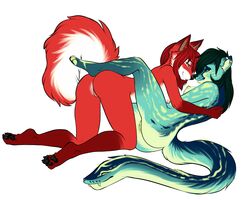 2014 all_fours anthro black_hair breasts canine chimera clitoris duo eura feline female fox fur green_fur hair hug hybrid leopard lying mammal nora nude on_back pussy rae raised_tail red_fox red_fur red_hair reptile roscoe scalie sideboob snake yuri