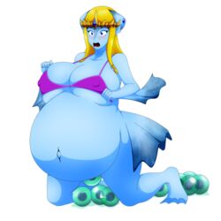 2014 belly belly_expansion big_belly big_breasts bikini blonde_hair blue_eyes blue_hair bra breasts cleavage clothed clothing crown ear_piercing egg egg_laying elek-tronikz expansion female fin hair huge_breasts inflation long_hair marine navel nintendo open_mouth piercing pregnant princess_zelda ready_to_pop royalty skimpy solo swimsuit the_legend_of_zelda transformation underwear video_games zelda_(hyrule_warriors) zora