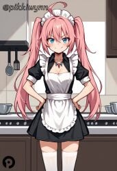 >:) ahoge ai_generated antenna_hair apron bangs black_dress blue_eyes blush breasts cleavage closed_mouth collarbone coral_pink_hair cowboy_shot dress female frilled_apron frilled_hairband frills front_view hair_between_eyes hairband hands_on_hips indoors jewelry kitchen legwear long_hair looking_at_viewer maid maid_apron maid_headdress medium_breasts milim_nava necklace pikkiwynn pink_hair puffy_short_sleeves puffy_sleeves short_sleeves smile solo spatula standing tensei_shitara_slime_datta_ken that_time_i_got_reincarnated_as_a_slime thighhighs twintails upper_body v-shaped_eyebrows very_long_hair white_apron white_legwear white_stockings white_thighhighs zettai_ryouiki