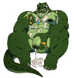 1boy 4_toes abs after_masturbation anthro balls biceps big_muscles big_penis claws crocodile cum cum_covered cum_on_chest cum_on_face cum_on_self cum_on_stomach excessive_cum fangs green_nipples green_skin grin half-erect holding_penis jewelry leaking male male_only messy muscles necklace nipples nude one_eye_closed pec_grasp pecs penis plain_background pose reptile ring scales scalie smile solo spread_legs spreading taoren teeth thick_penis toe_claws toes toned uncut white_background yellow_eyes