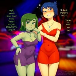 2024 2024s 2d 2girls belly_button belly_button_visible_through_clothing blue_eyes blue_hair blush breasts cleavage clothed clothing dialogue disgust_(inside_out) disney doubledmddx dress duo duo_female duo_focus female female_focus female_only full_color green_body green_hair green_skin inside_out inside_out_2 joy_(inside_out) looking_at_viewer multiple_girls necklace no_penetration pixar purple_dress red_dress short_hair short_hair_female size_difference tagme text text_bubble thighs wide_hips yellow_body yellow_skin