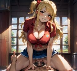 ai_generated cleavage country_girl cum_in_pussy denim_skirt fairy_tail large_breasts lucy_heartfilia orgasm payop pony_diffusion_xl pov smile straddling thumbs_up vaginal_sex