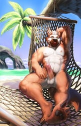 1boy abs alpha0 anthro arm_behind_head balls beach biceps big_muscles black_pawpads brown_fur brown_nose canine claws ear_piercing erection fur gaslight green_eyes hair hammock hindpaw humanoid_penis lying male male_only mammal masculine muscles navel nipples nude on_back outside palm_tree pawpads paws pecs penis piercing pose pubes seaside soles solo thick_penis toe_claws toned tongue tongue_out tree uncut white_fur white_hair