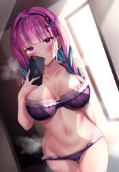 ahoge bad_id bad_twitter_id blue_hair blush braid breasts cellphone cleavage colored_inner_hair female hololive large_breasts lingerie long_hair looking_at_viewer minato_aqua multicolored_hair navel open_mouth phone pink_hair purple_eyes purple_hair selfie shiki_(catbox230123) solo steam streaked_hair two-tone_hair underwear virtual_youtuber