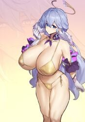 1girls alternate_breast_size bare_arms bare_legs bare_shoulders bare_thighs barely_clothed barely_covered belly big_breasts bikini blue_eyes collar detached_sleeves female female_focus female_only feminine_pose frilled_sleeves gloves gold_bikini halo honkai:_star_rail honkai_(series) huge_breasts large_breasts long_hair looking_at_viewer marking_below_eyes melon22 micro_bikini midriff navel necklace one_arm_up pose robin_(honkai:_star_rail) solo solo_female solo_focus string_bikini thick_thighs thighs toned wide_hips yellow_bikini