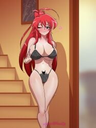 1girls black_bra black_panties bra color gairon green_eyes half-dressed half_naked high_ponytail high_school_dxd long_hair long_hair_female panties pregnancy_test rias_gremory underwear winking