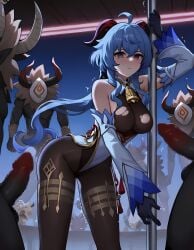 ai_generated bell_collar black_gloves blue_hair collar_bell detached_sleeves dick ganyu_(genshin_impact) genshin_impact hilichurls_(species) horns penis ripped_bodysuit ripped_clothing stripper stripper_pole