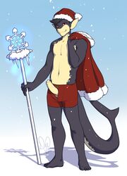 1boy anthro boxer_briefs boxers christmas clothed clothing cum cum_drip david dripping erection fish half-dressed hat holidays kittydee magic male male_only marine mistletoe penis plant polearm pom_hat precum santa_costume santa_hat shark smile snow snowing solo staff standing topless uncut underwear weapon