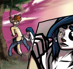 2014 anthro asphyxiation balls blue_hair bound brown_hair canine clothed clothing comic cum cum_on_face cumshot death duo ear_piercing erection fennec fox fur gay hair half-dressed handjob hanged lagomorph long_hair male mammal noose one_eye_closed orgasm pants pants_down penis piercing rope sequence tan_fur testicles topless vonboche white_fur