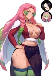 ai_generated bare_legs big_breasts boa_hancock curvy demon_slayer female female_only fusion fusion_character gradient_hair green_eyes green_hair hand_on_breast huge_breasts kanroji_mitsuri kimetsu_no_yaiba krystalizedart long_hair looking_at_viewer one_piece pink_hair smirk smug solo solo_female solo_focus thick_eyelashes thick_thighs thighhighs wide_hips