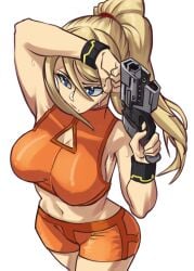 1girls absurdres black_wristband blonde_hair blue_eyes breasts casual_outfit_(metroid) cleavage_cutout closed_mouth clothing_cutout crop_top female from_above gun hair_between_eyes highres holding holding_gun holding_weapon large_breasts long_hair metroid midriff mole mole_under_mouth moxydrawsmore navel nintendo orange_shirt orange_shorts plasma_pistol ponytail samus_aran shirt short_shorts shorts sleeveless sleeveless_shirt solo sweat weapon white_background