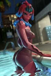 big_ass big_breasts bryne_(fortnite) cheesylewd fish fortnite furry night pool red_hair red_skin shiny_skin wet