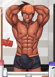 bara big_bulge bulge destor777 erection_under_clothes looking_at_viewer male male_nipples male_only muscular muscular_male nintendo nipples penis_outline pokemon pokemon_ss raihan_(pokemon) solo underwear