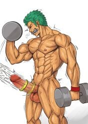 balls bara big_balls big_penis blush cum destor777 erection genital_fluids green_hair male male_nipples male_only muscular muscular_male nipples nude one_piece orgasm penis roronoa_zoro scar