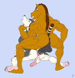 2014 anal anal_sex animal_genitalia anthro anus ass athletic back balls biceps big_dom_small_sub big_penis brown_eyes brown_fur brown_hair canine canine claws closed_eyes couple crouching duo equine erection from_behind fur gay grey_fur hair hindpaw holding horse horsecock humanoid_penis husky interspecies kneeling male mammal muscles nude open_mouth pawpads paws penetration penis plain_background pose rear_view rough sex size_difference standing teeth tithinian toe_claws toned vein white_fur