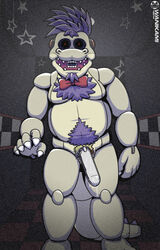 2014 bow_tie chest_tuft creepy crocodile dildo dripping facial_hair fan_character_(fnaf) five_nights_at_freddy's fur goatee hair krokodyle looking_at_viewer lube machine male male_only mechanical parody penis precum purple_hair recording red_eyes reptile robot scalie sex_toy sobek_(character) solo teeth tuft wanikami