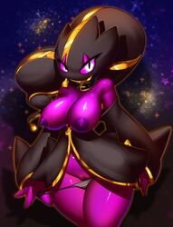 2014 anthro areola banette big_breasts breasts clothing dark_nipples elpatrixf erect_nipples female hi_res humanoid looking_at_viewer mega_banette mega_evolution nintendo nipples non-mammal_breasts panties pink_eyes pokemon purple_nipples pussy solo standing thick_thighs underwear video_games wide_hips zipper