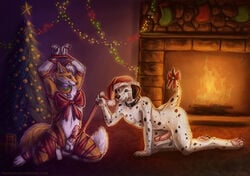 2014 anthro balls black_fur blue_eyes bondage bound canine christmas christmas_lights christmas_tree claws dalmatian duo erection fireplace fox fur furry gift holidays male male_only mammal multiple_males naira orange_fur pawpads paws penis ribbons shaded tree white_fur yaoi