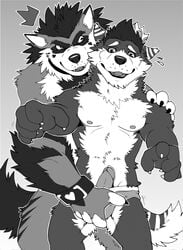 2014 abs aluminemsiren anthro biceps black_nose canine clothing duo fur hair husky male male_only mammal muscles nipples pecs penis underwear