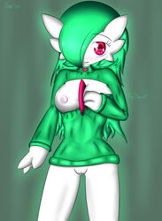 1girls blush breasts female female_gardevoir female_only fir3born gardevoir hair humanoid long_hair looking_at_viewer nintendo nipples open-chest_sweater pokémon_(species) pokemon pokemon_(species) pokemon_rse pussy solo standing sweater