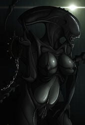 alien alien_(franchise) anthro big_breasts breasts claws collar dripping drooling female female_xenomorph leash netherwulf non-mammal_breasts nude open_mouth pussy pussy_juice saliva solo spiked_collar vein wide_hips xenomorph