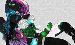 2014 animal_genitalia anthro anthrofied azugarlic changeling cleavage clothed clothing cutie_mark dickgirl friendship_is_magic glowing glowing_eyes hair horn horsecock intersex legwear lingerie long_hair my_little_pony navel penis queen_chrysalis_(mlp) smooth_skin solo transformation wings