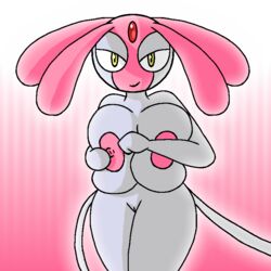 abstract_background anthro areola big_breasts breasts cameltoe female huge_breasts looking_at_viewer mesprit nintendo nipples nude pokemon pussy smile solo thenewsirserial video_games yellow_eyes