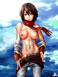 1girls abs areolae asmo attack_on_titan black_hair blue_eyes breasts eyelashes female female_only front_view hair_between_eyes human large_breasts looking_at_viewer mikasa_ackerman navel nipples pants perky_breasts red_scarf scarf signature solo standing