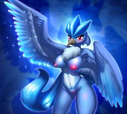 2014 anthro articuno avian beak big_breasts blush breasts chest_tuft elpatrixf female fur looking_at_viewer nintendo nipples nude pokemon pokemon_(species) pussy red_eyes solo sparkle tuft video_games wings