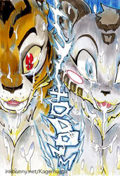 2014 anthro better_late_than_never big_breasts blue_eyes breasts cleavage clothed clothing comic cum cum_on_breasts cum_on_face daigaijin feline female fur kung_fu_panda mammal master_tigress messy open_mouth orange_fur red_eyes tiger white_fur