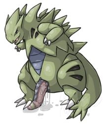 2014 alpha_channel ambiguous_fluids animal_genitalia big_penis claws feral front_view genital_slit half-erect leaning leaning_forward looking_at_viewer male male_only naughty_face nintendo nude penis plain_background pokemon pokemon_(species) queenkami scalie sharp_teeth slime slit smile solo standing teeth transparent_background tyranitar unusual_penis video_games