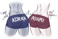 2girls animated asami_sato ass ass_to_ass avatar_legends back canon_couple chocolate_and_vanilla close-up clothes_writing clothing cropped_legs dark-skinned_female dark_skin dimples_of_venus female from_behind greyscale head_out_of_frame iahfy interracial k-y-h-u korra light-skinned_female monochrome multiple_girls nonbender photo_reference short_shorts shorts skin_tight the_avatar the_legend_of_korra topless water_tribe yuri