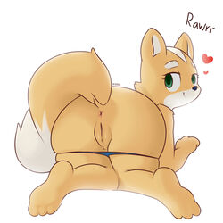 2014 absurd_res anthro anus ass brown_fur canine clothing cute derpah female fox fox_mccloud fur green_eyes heart hi_res looking_at_viewer looking_back mammal nintendo panties panties_down plain_background presenting pussy rule_63 smile solo star_fox underwear video_games white_background