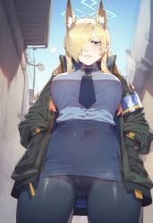 ai_generated animal_ears big_ass big_breasts big_butt big_thighs blonde_hair blue_archive blush huge_ass huge_breasts huge_butt huge_thighs jacket kanna_(blue_archive) police_uniform wanuze wide_hips