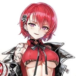 bangs big_breasts black_jacket black_ribbon bra choker ear_piercing earrings exposed_bra female female_focus female_only game_cg hair_behind_ear hair_between_eyes hair_ornament head_tilt high_collar jacket janghwa_(last_origin) lace-trimmed_bra lace_trim last_origin looking_at_viewer mole mole_under_eye neck_ribbon oerba_yun_fang one_shoulder_exposed open_mouth piercing purple_eyes red_hair red_shirt ribbon short_hair short_shirt skimpy skimpy_clothes smile smiling smiling_at_viewer taesi tattoo tattoo_on_arm tattooed_arm transparent_background underboob