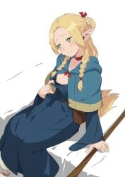 blonde_hair blush dungeon_meshi elf embarrassed female_focus flashing flashing_breasts green_eyes long_hair looking_away marcille_donato medium_breasts morisobo one_breast_out open_clothes pointy_ears simple_background wand wavy_mouth white_background