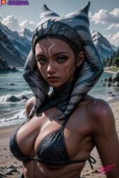 ahsoka_tano ai_generated alien beach bikini_top boob_squish forest lake mountain non-nude orange_skin snowy_background spark_star standing star_wars toned toned_female