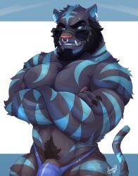 2022 abs absurd_res anthro arebeano beard belly_tuft black_beard black_body black_facial_hair blue_eyes blue_stripes body_hair claws clothed clothing crossed_arms ear_piercing ear_ring eyebrow_piercing eyewear facial_hair facial_piercing felid genitals happy_trail hi_res ineffective_clothing kyle_(onemadmojo) looking_at_viewer male male_focus mammal muscular muscular_anthro muscular_male nipples nose_piercing nose_ring pantherine pecs penis piercing ring_piercing simple_background solo stripes sunglasses tail tiger tuft underwear