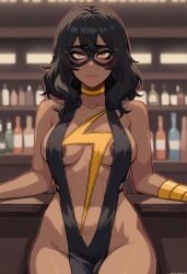 ai_generated bar bottle bottles brown_body brown_eyes brown_hair brown_skin brown_skinned_female choker dress heroine innocent kamala_khan marvel marvel_comics mask ms._marvel ms._marvel_(kamala_khan) muslim muslim_female nerd nerdy_female nervous_expression nervous_face nervous_female pakistani pakistani_female shelf shelves slut_collar table