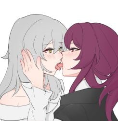 2girls black_jacket blush commentary english_commentary eye_contact french_kiss grey_hair hand_on_another&#039;s_face highres honkai:_star_rail honkai_(series) jacket kafka_(honkai:_star_rail) kiss long_hair long_sleeves looking_at_another multiple_girls off_shoulder purple_eyes purple_hair saliva shirt simple_background stelle_(honkai:_star_rail) tongue tongue_out trailblazer_(honkai:_star_rail) upper_body white_background white_shirt yellow_eyes yuri