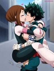 1boy 1boy1girl 1girls ai_generated areolae ass big_breasts breasts brown_hair busty city curvy dat_ass deku exposed_breasts female green_hair hugging izuku_midoriya kissing legs_around_partner male my_hero_academia nipples ochako_uraraka ochako_uraraka_(hero_outfit) outdoor_sex outdoors pants_down penis_in_pussy ripped_clothing sex short_hair stand_and_carry_position standing standing_sex vaginal_penetration vizagege