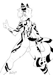 2024 absurd_res anthro artbyyellowdog ass backsack balls biped felid feline fingers fur genitals gesture hand_gesture hi_res male mammal monochrome perineum rear_view smile solo tail thumbs_up