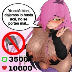 big_breasts breasts collar escriba exposed_breasts female female_only latam_virtual_youtuber looking_at_viewer neneefthy nude nude_female one_eye_covered pink_hair spanish_dialogue virtual_youtuber vtuber yellow_eyes