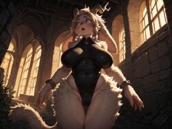 1girls ai_generated animal_ears bangs black_eyebrows blue_eyes bottomless capelet furry golden_horns gray_fur gray_hair horns leotard long_ears medium_breasts pseudoregalia short_hair snout solo sybil_(pseudoregalia) tail thick_eyebrows thick_thighs wide_hips