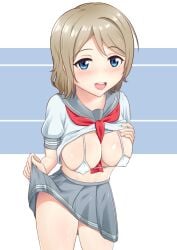 breasts love_live! love_live!_sunshine!! micro_bikini nipples pointy_chin school_uniform serafuku short_hair skirt smile stomach thighs watanabe_you